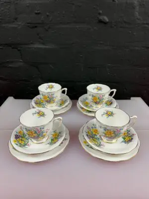 Queen Anne China Spring Song Tea Trios Cups Saucers Side Plates Set of 4