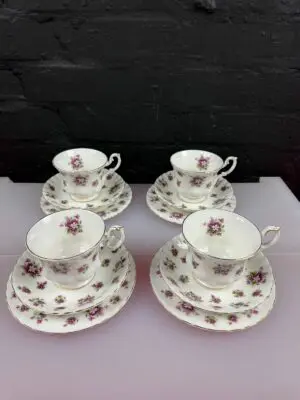 Royal Albert Sweet Violets Tea Trios Cups Saucers Side Plates Set of 4