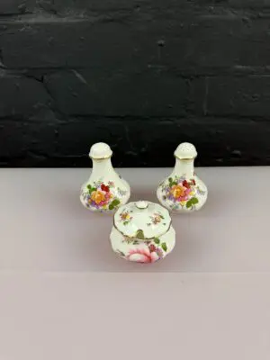 Royal Crown Derby Posies Cruet Salt Pepper Mustard Pots 2nd Quality Set