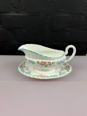 Royal Worcester English Garden Gravy Boat / Sauce Jug and Stand / Drip Plate Set