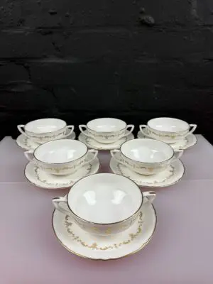 Royal Worcester Gold Chantilly Soup Coupes Bowls and Stands / Saucers Set of 6
