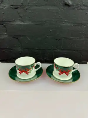 Royal Worcester Holly Ribbons Green Tea Cups and Saucers 4 Sets of 2 Available