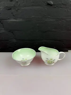Susie Cooper Romance Green Milk / Cream Jug 8.5 cm High and Open Sugar Bowl Set