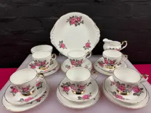 Vintage Lubern Bone China Pink Roses Floral Gilt Bone China Tea Set 21 Items