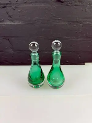 2 Vintage Krosno Poland Art Glass Bottle Green Hand Blown Bottles Vases Stoppers