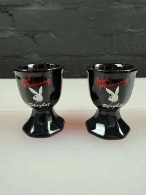 2 x Playboy Bunny Vintage 1980s Black Ceramic Footed Egg Cups