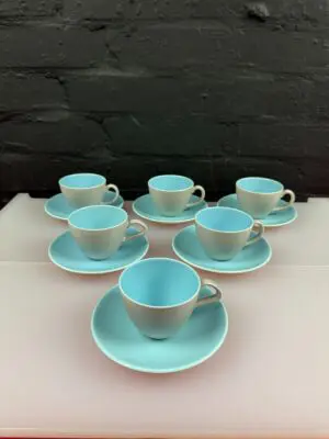 6 x Poole Twintone Sky Blue Dove Grey Coffee Espresso Cups and Saucers Set