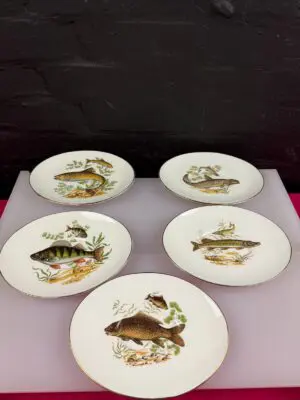 Aynsley Fish Pattern Gravy Boat / Sauce Jug Stands Saucers Oval Plates Set of 5