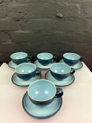 Denby Blue Jetty Tea Cups and Saucers Set of 6