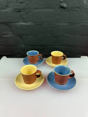 Denby Juice Blue / Yellow Coffee Espresso Cups and Saucers Set of 4