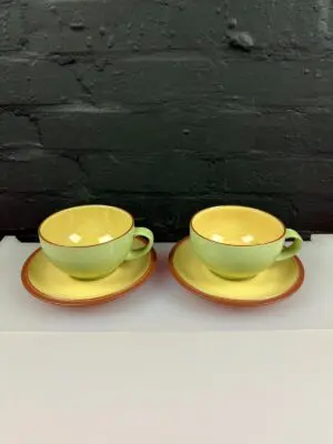 Denby Juice Green / Yellow Breakfast Cups 12.5 cm Wide and Saucers Set of 2