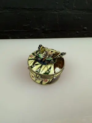 Enamel Butterfly 3D Trinket / Pill Box Hinged Opening Round