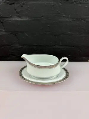 Noritake Legacy Platinum 4281 Gravy Boat / Sauce Jug and Stand Drip Plate 2 Sets