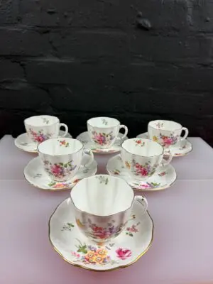 Royal Crown Derby Posies Tea Cups and Saucers Set of 6 Green Stamps