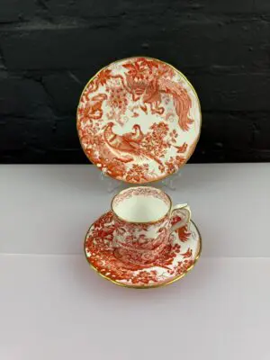 Royal Crown Derby Red Aves Coffee Trio Cup Saucer Side Plate Set 2nd Quality