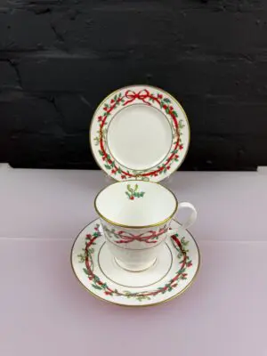 Royal Worcester Holly Ribbons Footed Tea Trio Cup Saucer and Side Plate Set