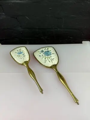 Vintage Hand Held Vanity Mirror And Hair Brush Blue Flowers Floral Dressing Set