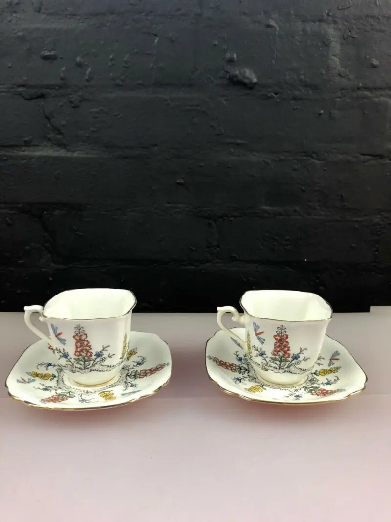 2 x Art Deco Royal Standard Tea Cups & Saucers Bird Dragonfly Flowers Enameled