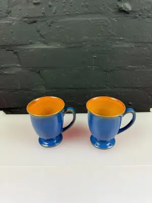 2 x Denby Spice Blue / Orange Footed Curved Tea / Coffee Mugs 4.25" High Set