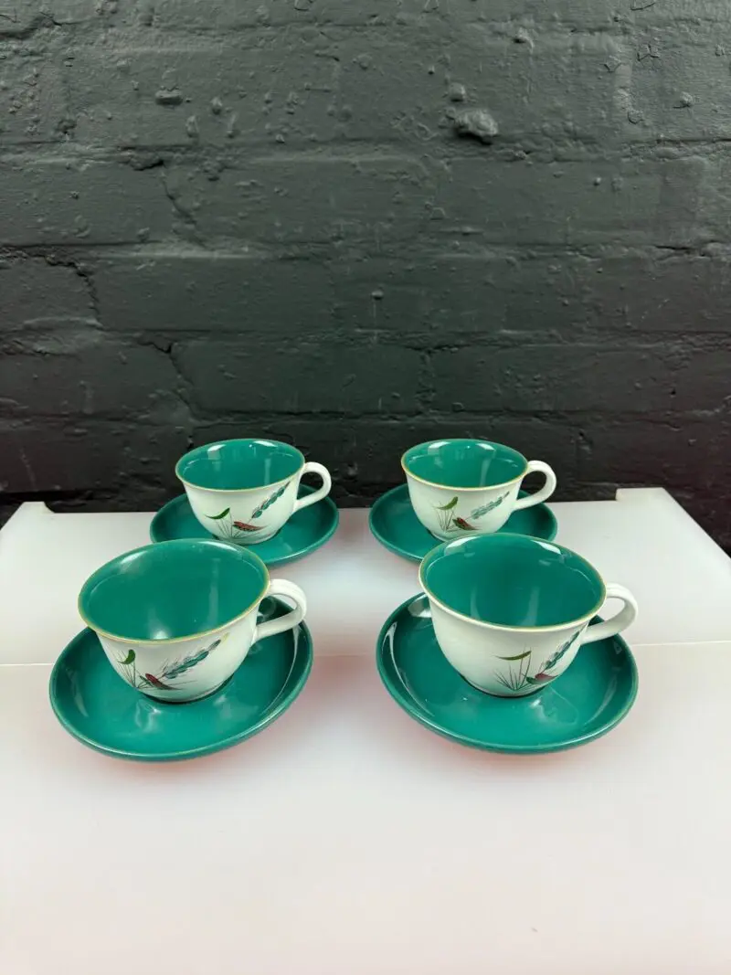 4 x Denby Greenwheat Tea Cups and Saucers Set