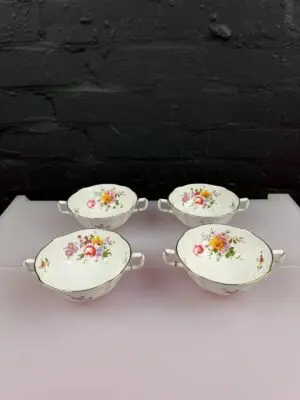 4 x Royal Crown Derby Posies Soup Bowls / Handled Coupes Set 1st Quality