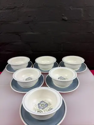 6 x Wedgwood Susie Cooper Glen Mist Lugged Soup Bowls and Saucers Set