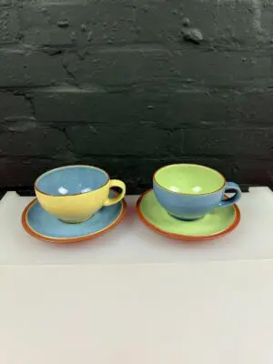 Denby Juice Green / Yellow Blue Breakfast Cups 12.5 cm Wide and Saucers Set of 2