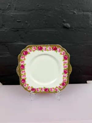 Gladstone China Roses Pink Red With Gilt Square Eared Cake / Bread Plate 24.5 cm