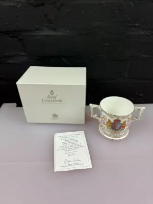 Royal Crown Derby ER Queen Mothers 95th Birthday 2 Handled Mug 3" High 341/750
