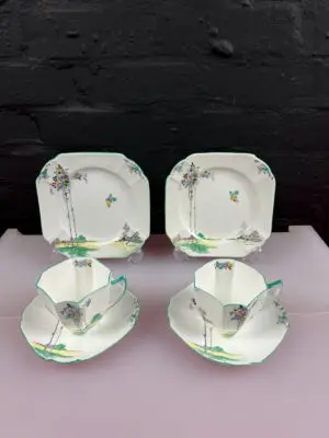 Shelley Queen Anne 11674 Balloon Tree Trios Cups Saucers Plates 1929 Set of 2