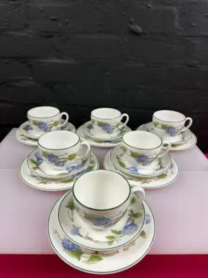 Wedgwood Blue Delphi Tea Trios Cups Saucers and Side Plates Set of 6