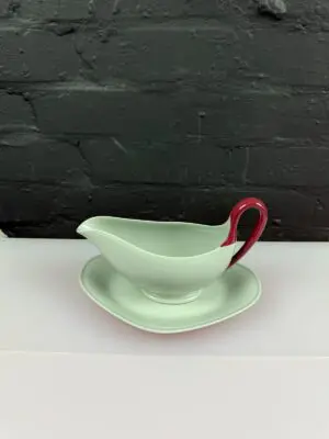 Wedgwood Windsor Grey Red Gravy Boat / Sauce Jug and Stand / Drip Plate Set