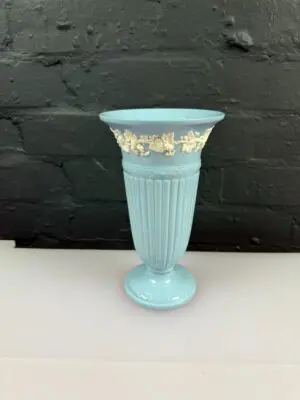 Wedgwood of Etruria & Barlaston Embossed Trumpet Vase 8.5" Blue and White