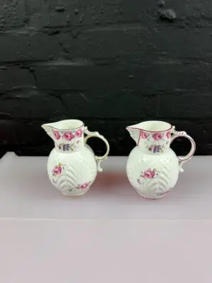 2 x Coalport The Caughley Mask-Head Jugs Purple Rim and Gilt Rim 12.5 cm High