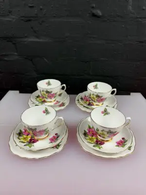 4 x Colclough 7875 Flowers Tea Trios Cups Saucers and Square Side Plates Set