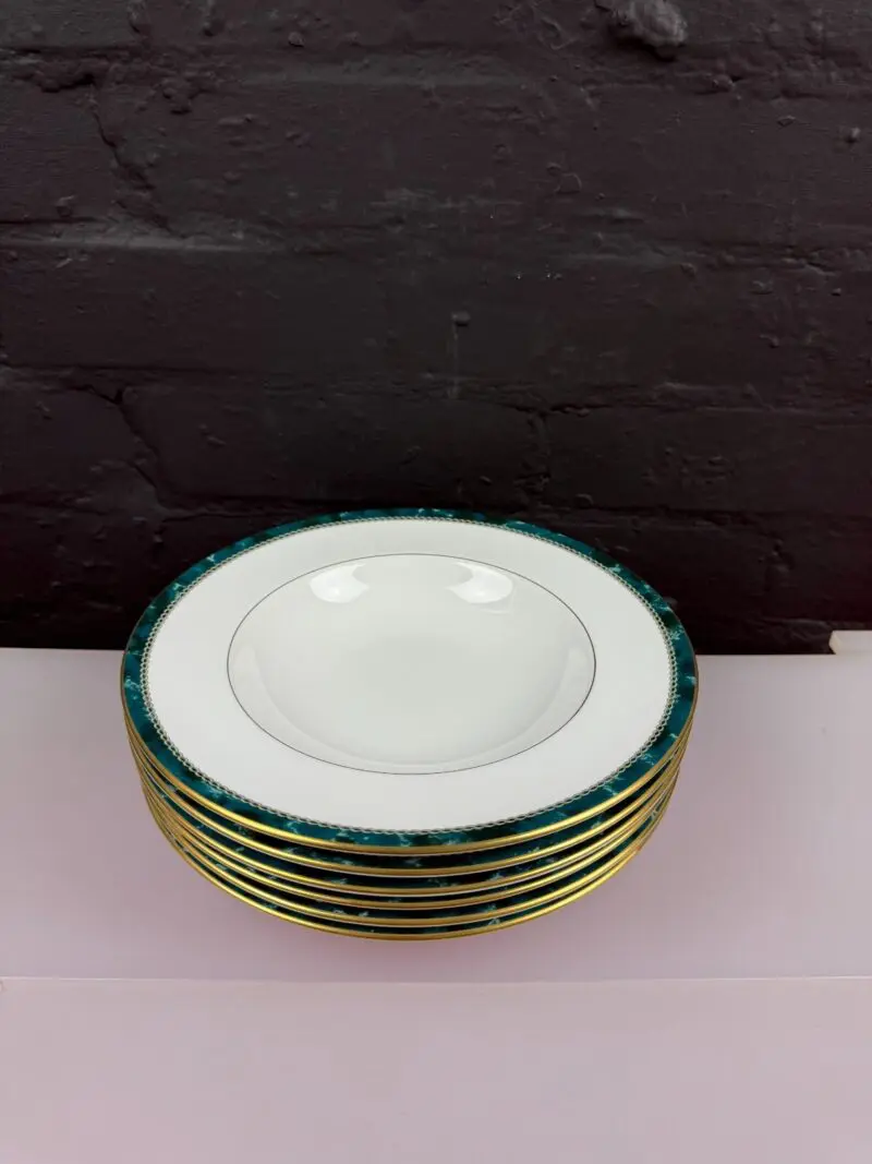 6 x Royal Worcester Medici Green Rimmed Pasta Soup Bowls 9.25" 23.5 cm Wide Set