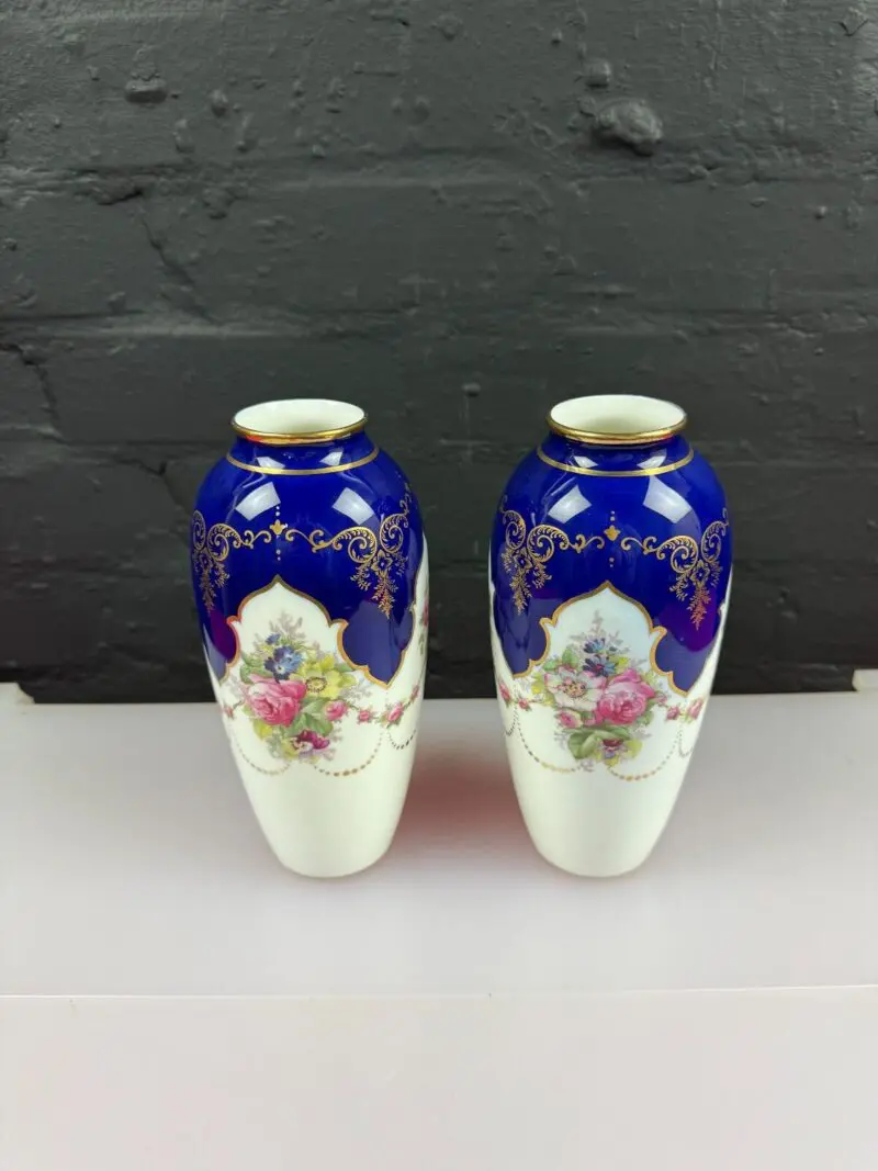 Antique Pair of Cauldron Cobalt Blue Flowers and Gilt Vases 8" High