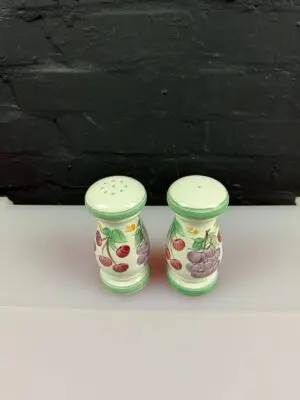Denby Hand Painted By Lyn Fruit Tall Salt and Pepper Pots Cruet 5.25" High Set