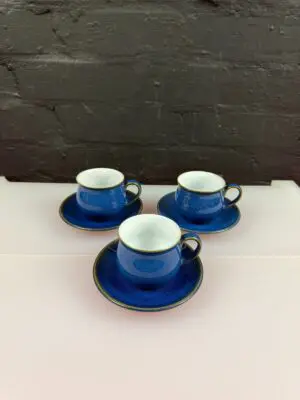 Denby Imperial Blue Coffee Espresso Cups and Saucers Set of 3