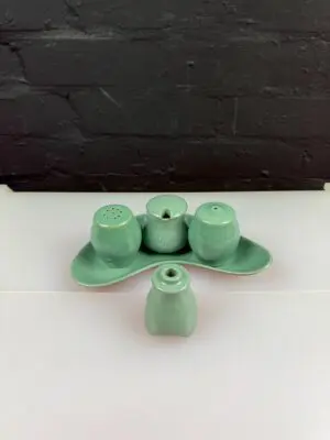 Denby Manor Green Salt Pepper Mustard Pots With Stand Cruet Set & Pie Funnel