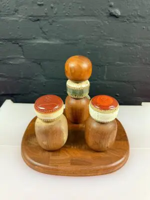 Denby Teak Potters Wheel Salt Pepper Pots Shakers & Grinder With Board Cruet Set