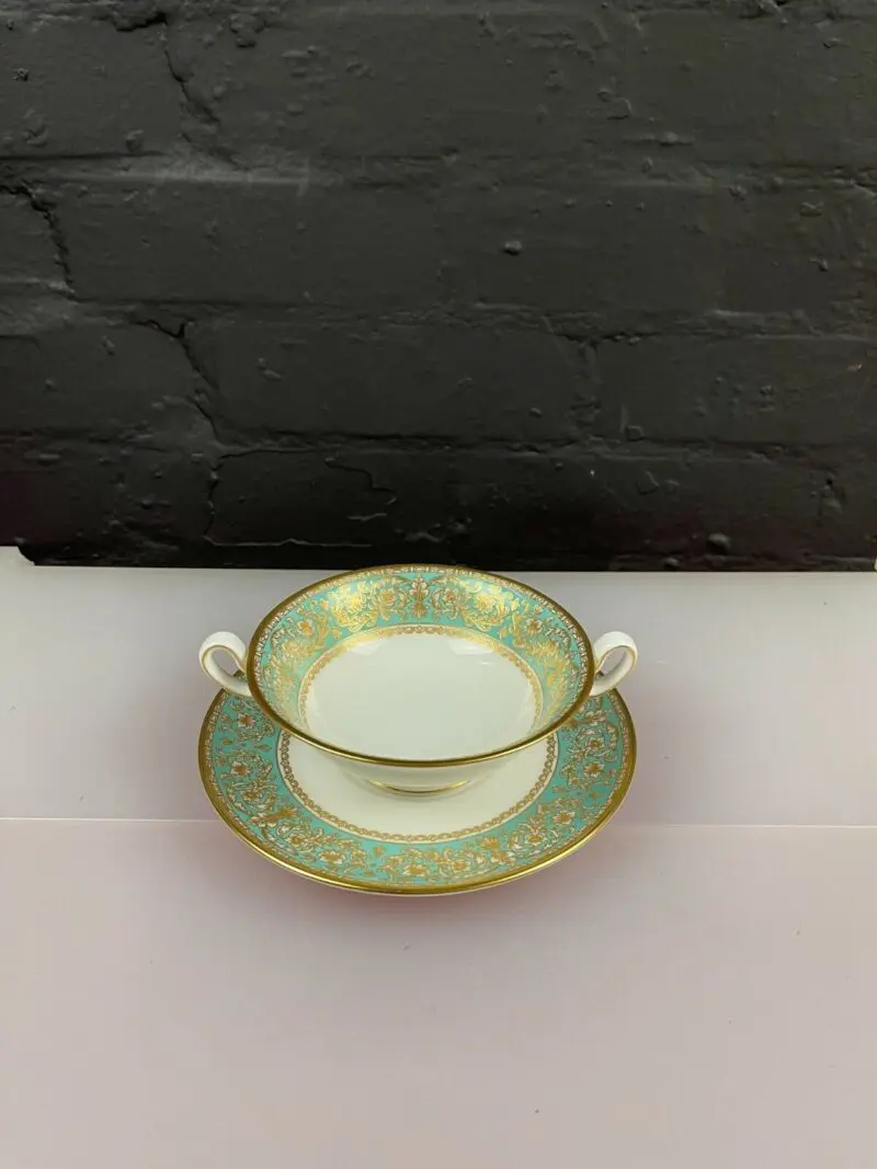 Spode Renaissance Y8142 Turquoise Soup Coup Bowl and Saucer / Stand Set