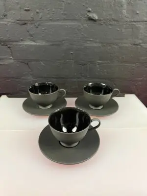 Wedgwood Nick Munro Jasper Collection Black Basalt Tea Cups and Saucers Set of 3
