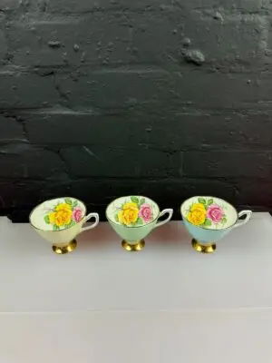3 x Etruria Carvour Ware Double Yellow and Pink Roses Tea Cups Gilt Gold