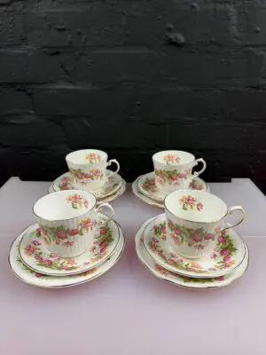 4 x Queens Woman Home Honeysuckle Tea Trios Cups Saucers Side Plates Set