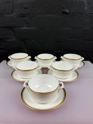 6 x Royal Worcester Somerset Gold Soup Coupes Bowls and Stands / Saucers Set