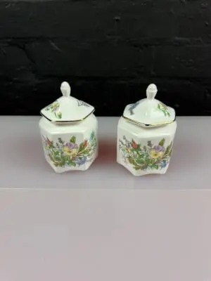 Aynsley Wild Tudor Hexagonal Pagoda Covered Lidded Trinket Pots Set of 2