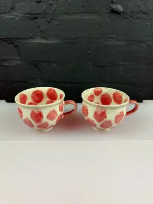 Marks and Spencer Mugs Pair Red Spot Dot Pottery Mug Speckled Glaze Set of 2