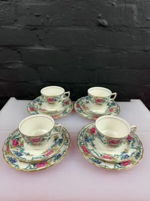 Royal Doulton Booths Floradora Gold Tea Trios Cups Saucers & Plates Set of 4