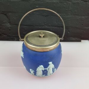 Wedgwood Dark Blue White Jasperware Biscuit Barrel Neo Classical Silver